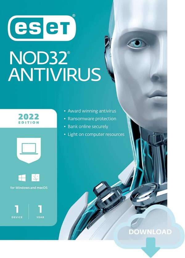 ESET NOD32 Antivirus Software 2022 Edition, 1 Device, 1 Year, Powerful Security