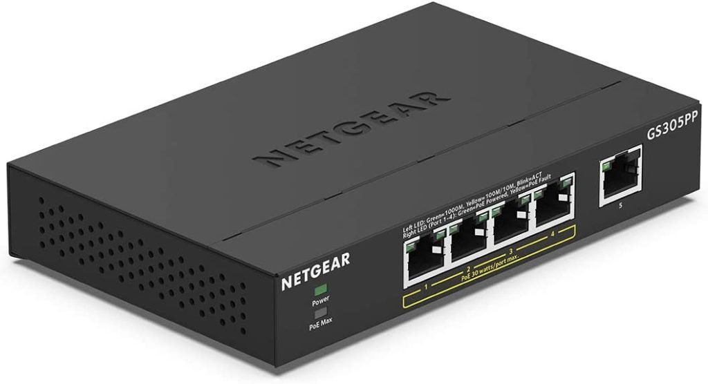 NETGEAR Gigabit Ethernet Switch 5-Port Unmanaged PoE (GS305PP) – with 4 x PoE+ @ 83W, Desktop or Wall Mount