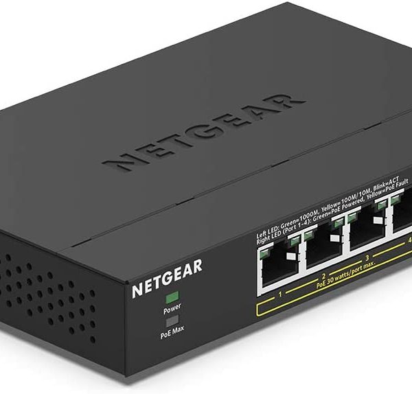 NETGEAR Gigabit Ethernet Switch 5-Port Unmanaged PoE (GS305PP) – with 4 x PoE+ @ 83W, Desktop or Wall Mount