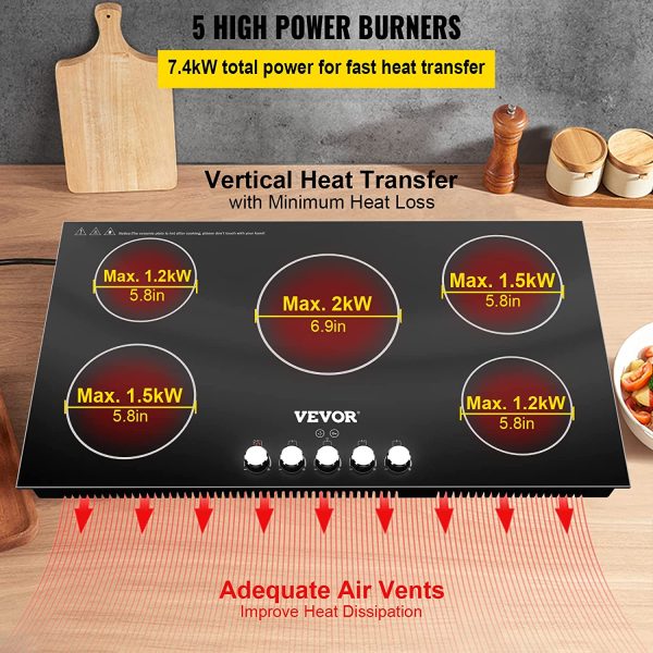 VEVOR Built-in Induction Cooktop, 35 inch 5 Burners, 220V Ceramic Glass Electric Stove Top with Knob Control 3