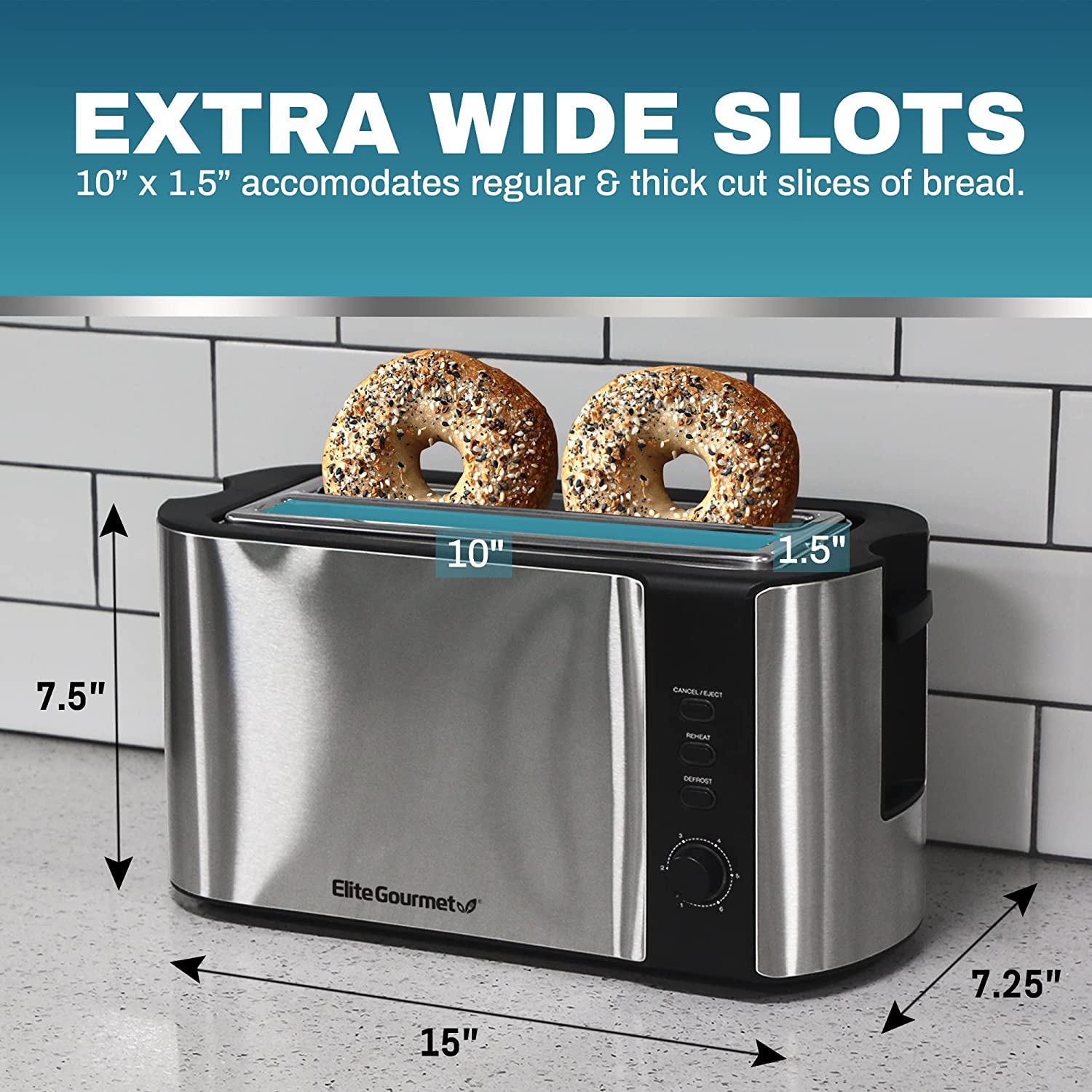 4-Slices Extra Long Slot Toaster w/ Reheat Warming Rack 6 Browning