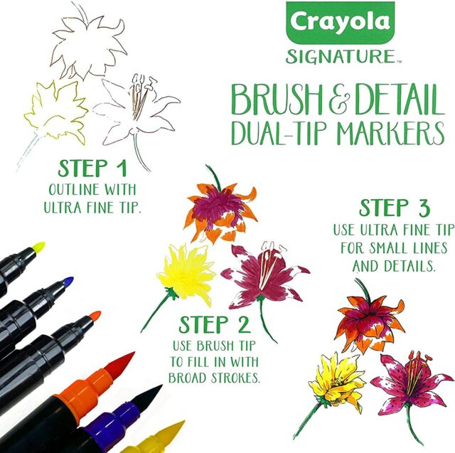 Crayola Brush & Detail Dual Tip Markers, Kids At Home Activities, 32 Colors, 16 Count 2 Dual Tip Markers