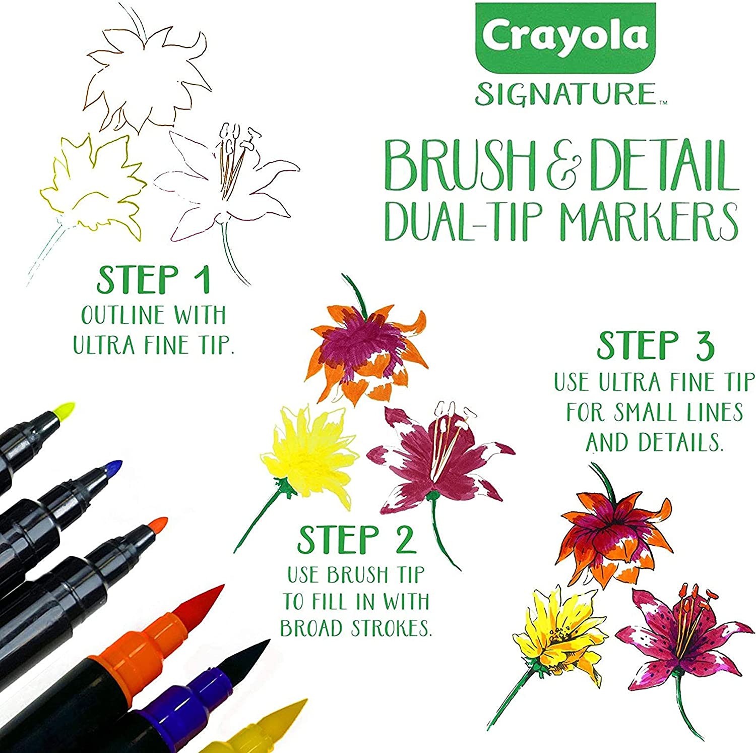 Crayola Fine Line Markers in 12 Vibrant Colors, Fine Tips for Detail  Coloring