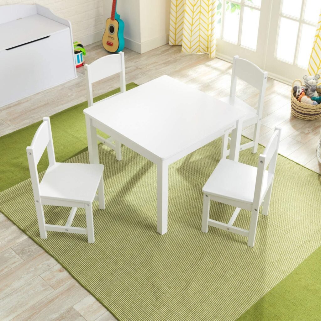 KidKraft Wooden Farmhouse Table and 4 Chair Set, Children’s Furniture for Arts and Activity – White, Gift for Ages 3-8