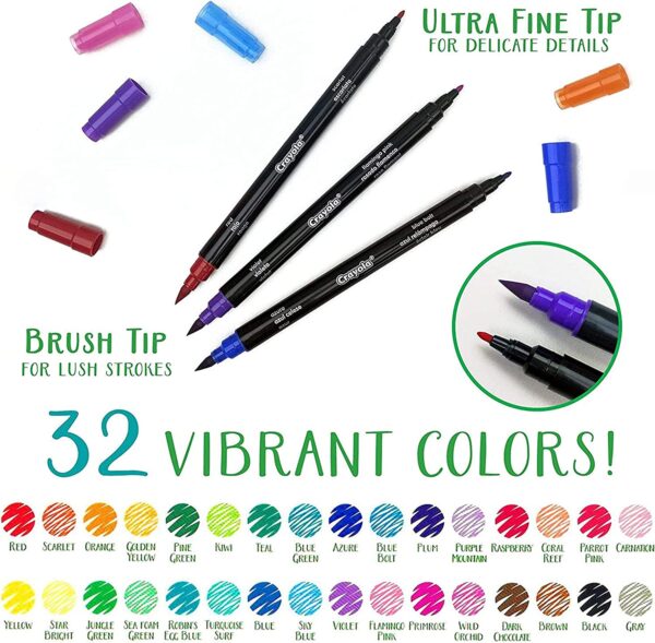 Crayola Brush & Detail Dual Tip Markers, Kids At Home Activities, 32 Colors, 16 Count 2