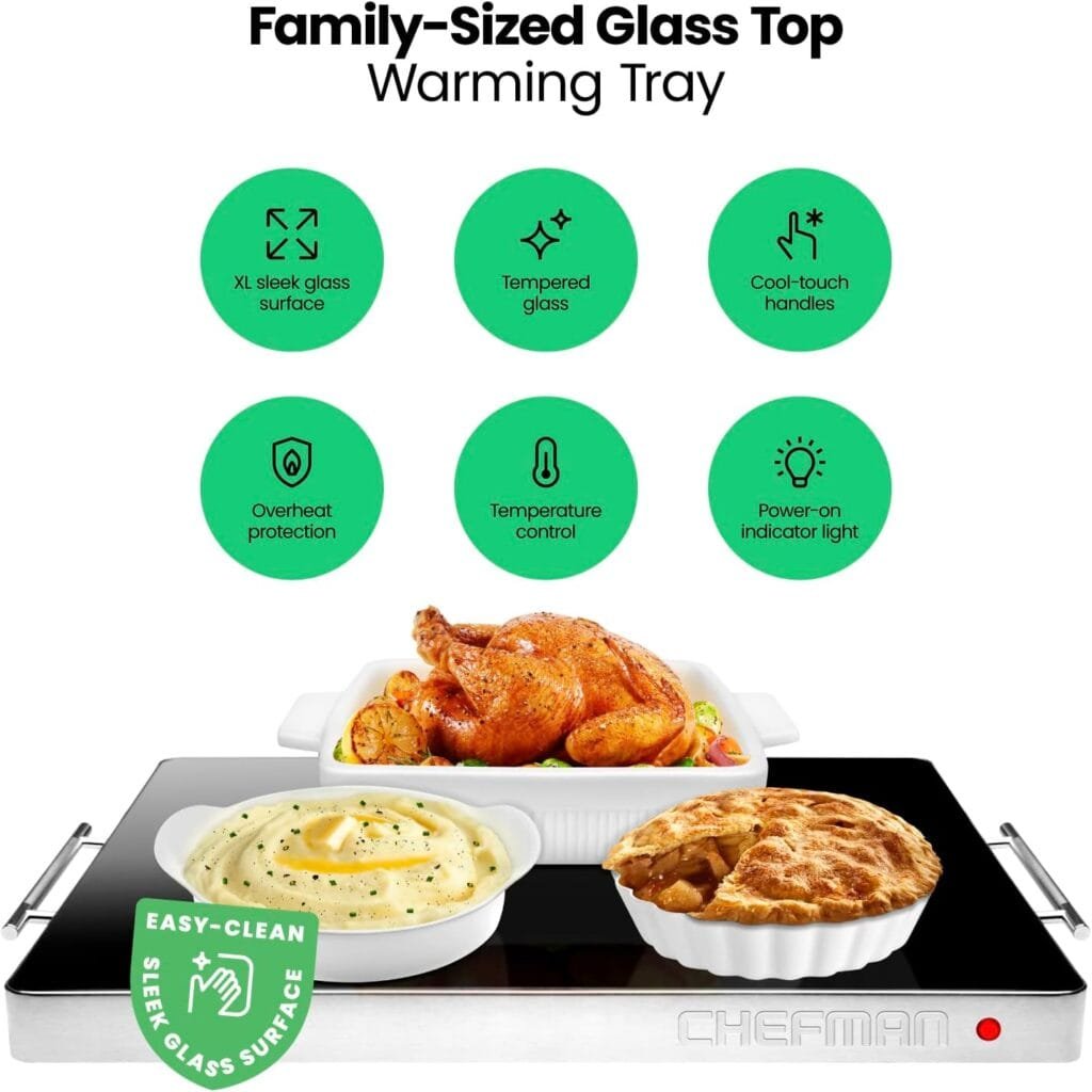 Chefman Electric Warming Tray with Adjustable Temperature Control, Glass Top Large 21”x16” Surface Keeps Food Hot