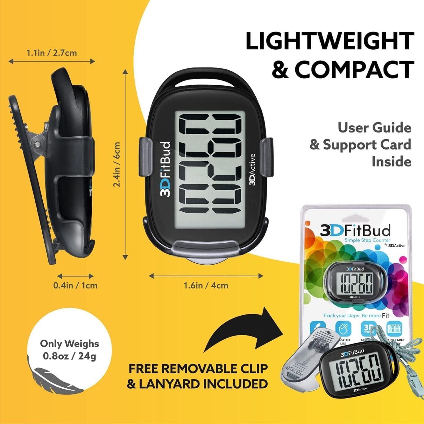 3DFitBud Simple Step Counter Walking 3D Pedometer with Clip and Lanyard