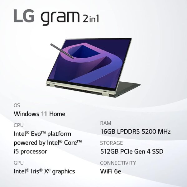 LG gram Laptop 16T90Q (2022) 2-in-1 16" Touchscreen, Intel Evo 12th Gen Core i5 4