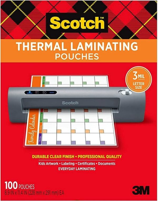 Scotch Thermal Laminating Pouches, 100 Pack Laminating Sheets, 3 Mil, 8.9 x 11.4 Inches, Letter Size Sheets