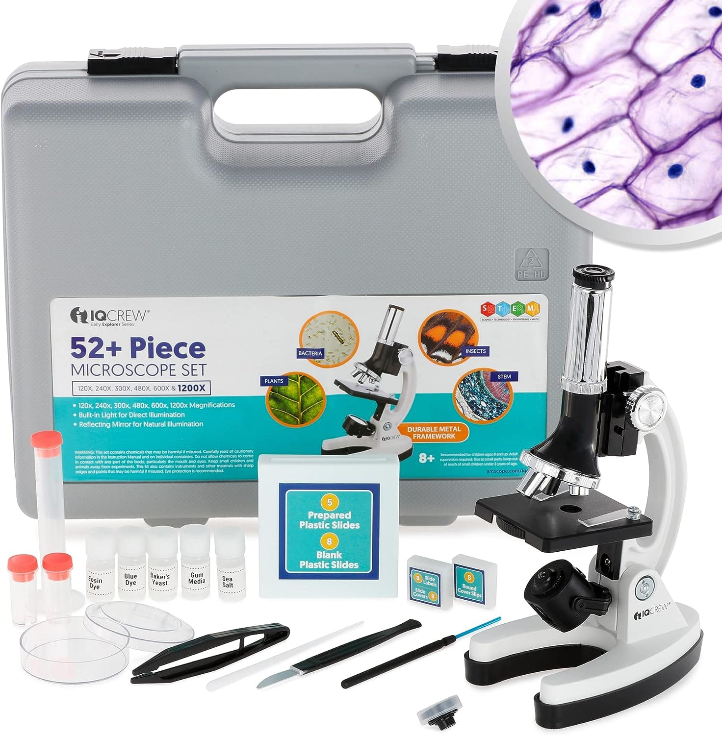 AmScope 120X-1200X 52-pcs Kids Beginner Compound Microscope STEM Kit with Metal Body Microscope 82