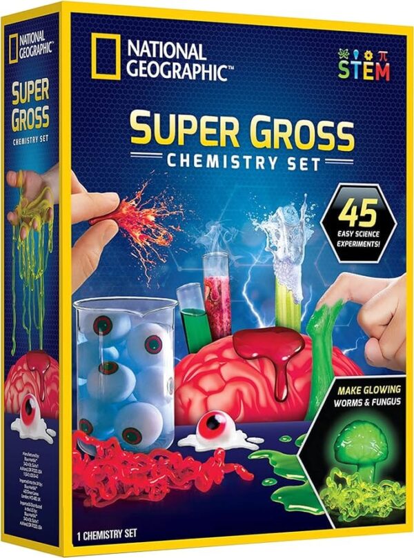 NATIONAL GEOGRAPHIC Super Gross Chemistry Set - 45 Experiments- Dissect a Brain, Make Glowing Slime Worms, for Kids 8-12
