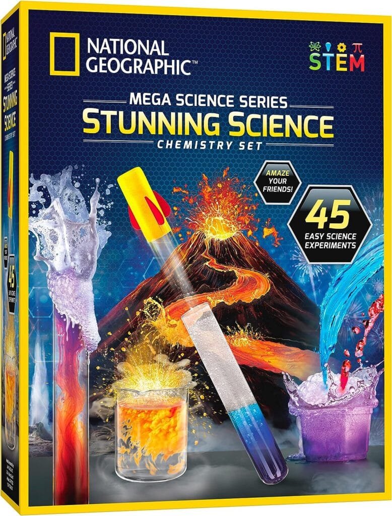 NATIONAL GEOGRAPHIC Stunning Chemistry Set – Mega Science Kit with 45 Easy Experiments- Make a Volcano and Launch a Rocket