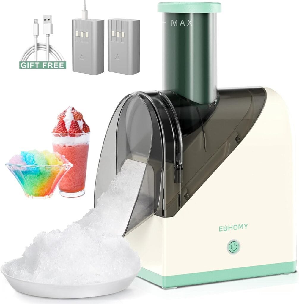 EUHOMY Shaved Ice Machine with Batteries, USB Rechargeable, Crushed Ice in 3s, 45 lbs in 40 Mins