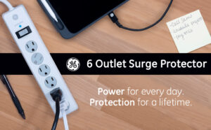 GE 6-Outlet Surge Protector, 10 Ft Extension Cord, Power Strip, 800 Joules, Flat Plug, Twist-to-Close Safety Covers, UL Listed, White