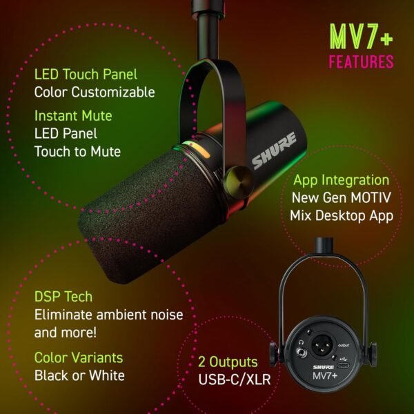 Shure MV7+ Podcast Microphone. Enhanced Audio, LED Touch Panel - Image 3