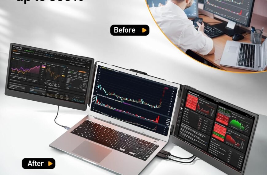 Laptop Screen Extender, 14.2" Portable Triple Monitor for Laptop with Full HD IPS Display, Laptop Extended Monitor Compatible with Mac, Windows, Chrome, Fits 13-17 Inch Laptops