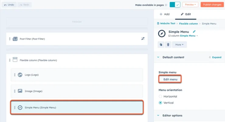 HubSpot Configure Header menu