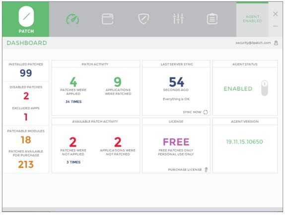 0patch Console showing License: Free
