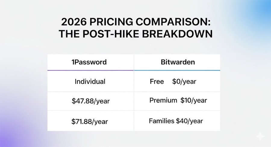 1Password vs Bitwarden : Honest Comparison of 2026 - Plus the Price Hike Nobody Warned You About 2 1Password vs Bitwarden pricing comparison table 2026 after price hike
