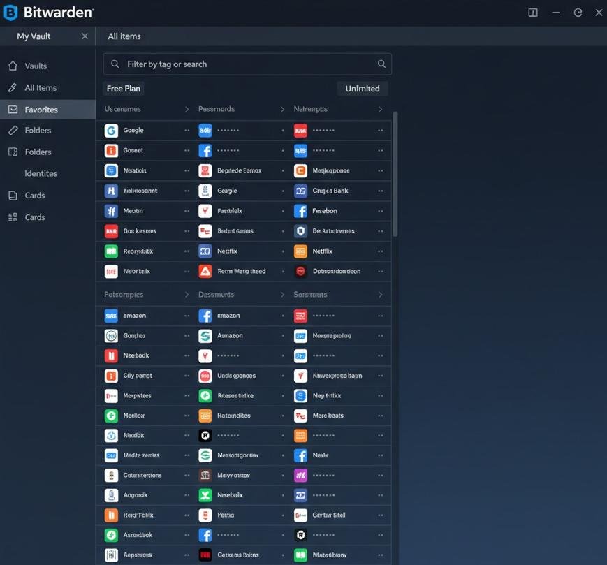 1Password vs Bitwarden : Honest Comparison of 2026 - Plus the Price Hike Nobody Warned You About 3 Bitwarden free plan vault showing unlimited passwords on desktop
