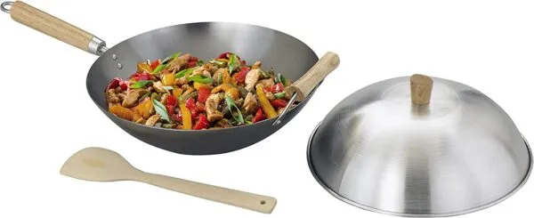 Helen's Asian Kitchen Helen Chen's Asian Kitchen Flat Bottom Wok, Carbon Steel with Lid and Stir Fry Spatula 2