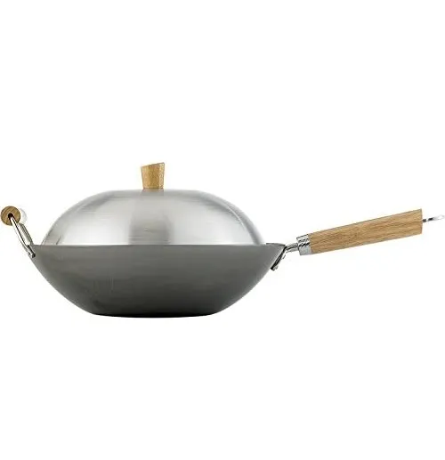 Helen's Asian Kitchen Helen Chen's Asian Kitchen Flat Bottom Wok, Carbon Steel with Lid and Stir Fry Spatula 1